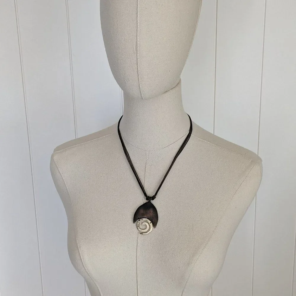 Unique Handmade Necklace - Bronze - Gold - Spiral - Leather Band